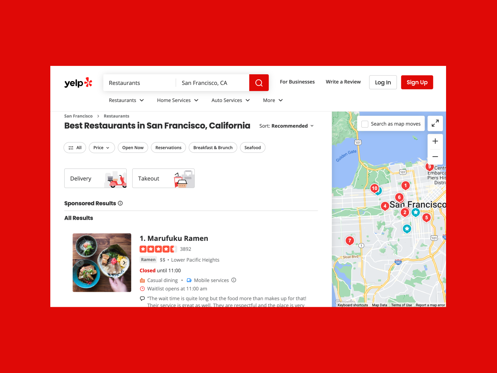 Example of Yelp’s search functionality