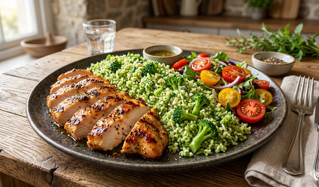 Pechuga con "Arroz" de Brócoli: El Hack para Cenar Mucho con Cero Pesadez