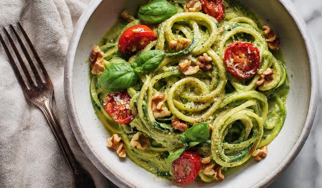 Espaguetis de Calabacín (Zoodles) con Pesto de Aguacate: Almuerzo Keto, Vegano y Ligero en 10 Minutos
