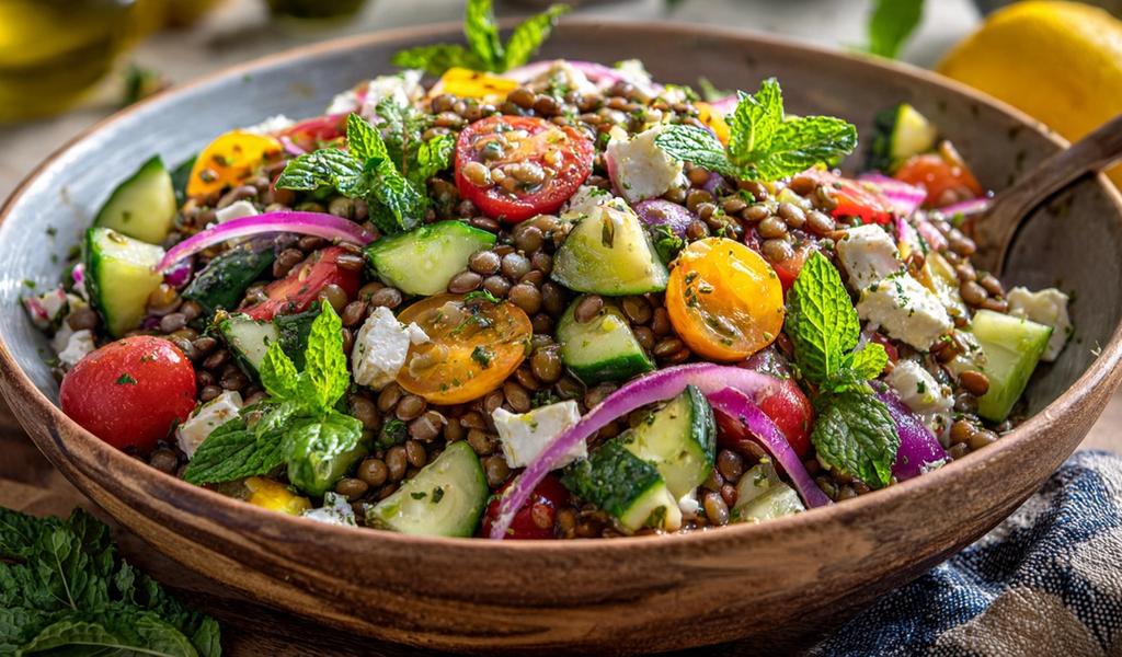 Ensalada de lentejas con feta y pepino: el almuerzo fresco que te mantiene ligero