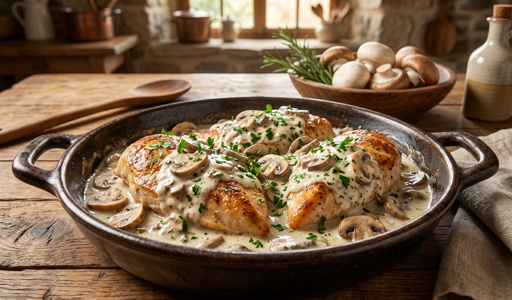 Pollo en salsa de champiñones: el clásico de plaza en versión keto y extra cremosa