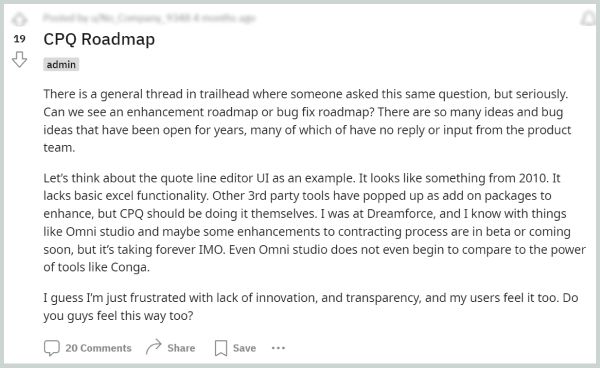 Reddit Negative Salesforce CPQ Opinion Post Screenshot 