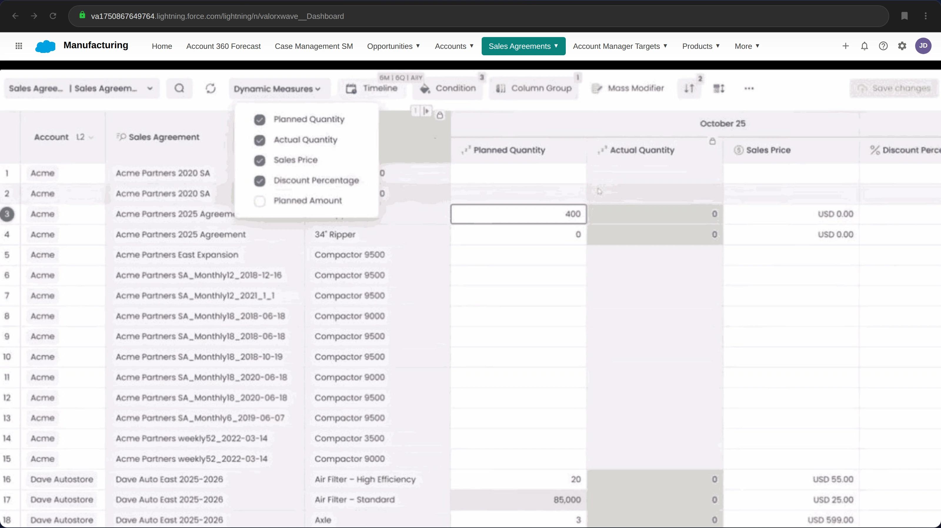 Wave showing dynamic measures dropdown with options for planned quantity, actual quantity, sales price, and discount percentage