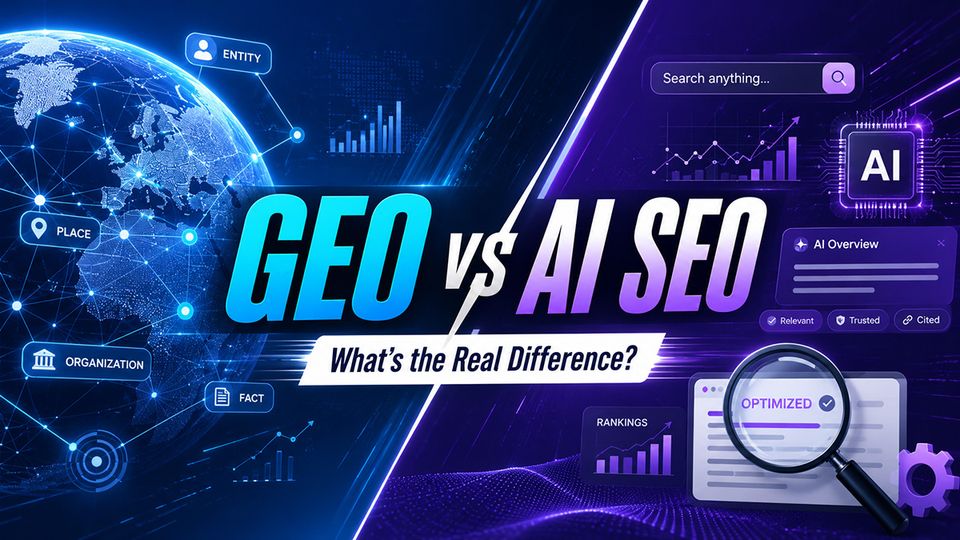 A conceptual 3D comparison showing AI SEO generating content for traditional search engines alongside GEO building knowledge graphs for ChatGPT and Gemini.