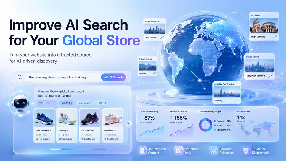 A 3D digital illustration of a cross-border e-commerce independent website successfully connecting with global AI search engines like ChatGPT and Gemini through Generative Engine Optimization.