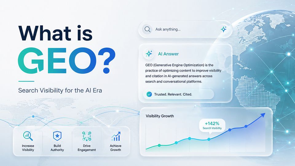 A 3D conceptual graphic illustrating the evolution from traditional search engines to AI-driven Generative Engine Optimization (GEO) for global cross-border e-commerce.