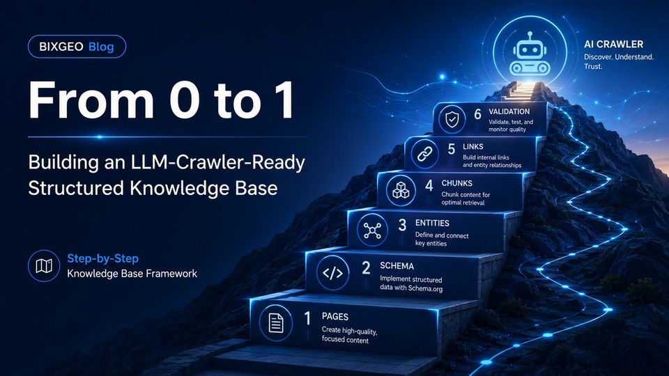 A 3D illustration showing raw commercial data being transformed into a glowing structured knowledge graph, specifically designed to be easily crawled by LLM neural networks like ChatGPT.