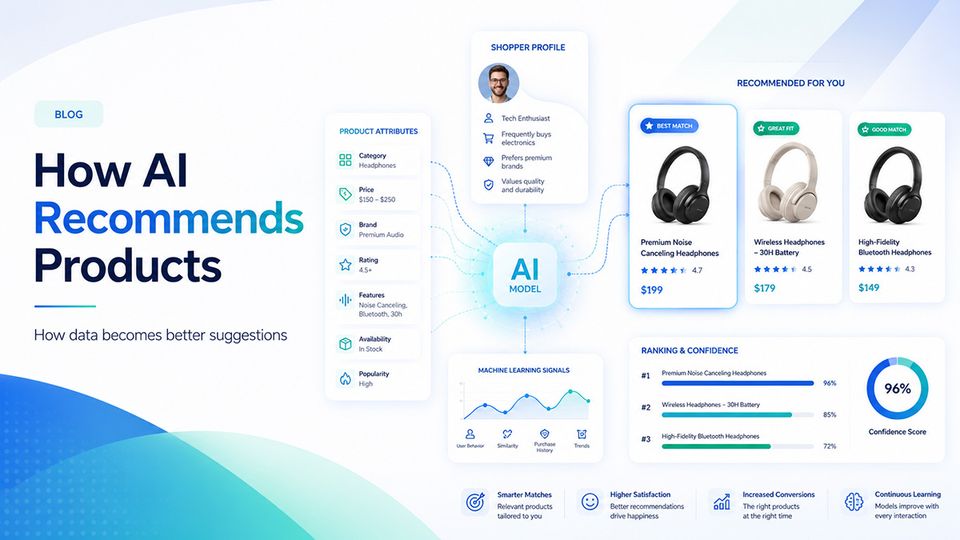 A conceptual 3D illustration showing an AI neural network analyzing structured cross-border e-commerce product data and recommending it to a global consumer.