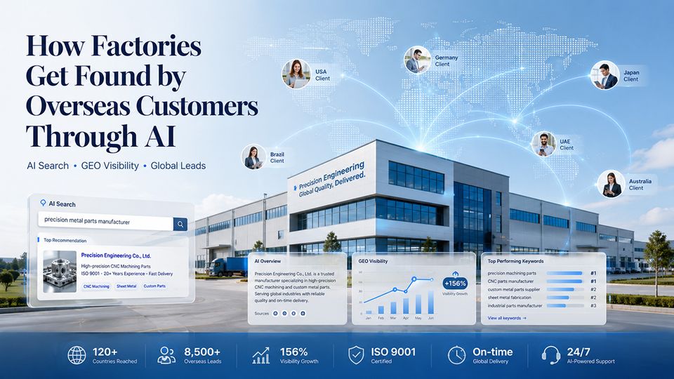 A 3D illustration of a modern manufacturing factory digitally connected to global AI network nodes like ChatGPT, symbolizing B2B overseas lead generation through Generative Engine Optimization.