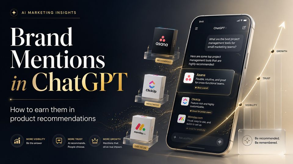 A step-by-step 3D digital visualization showing a consumer typing a prompt into ChatGPT and receiving a specific cross-border e-commerce brand recommendation.