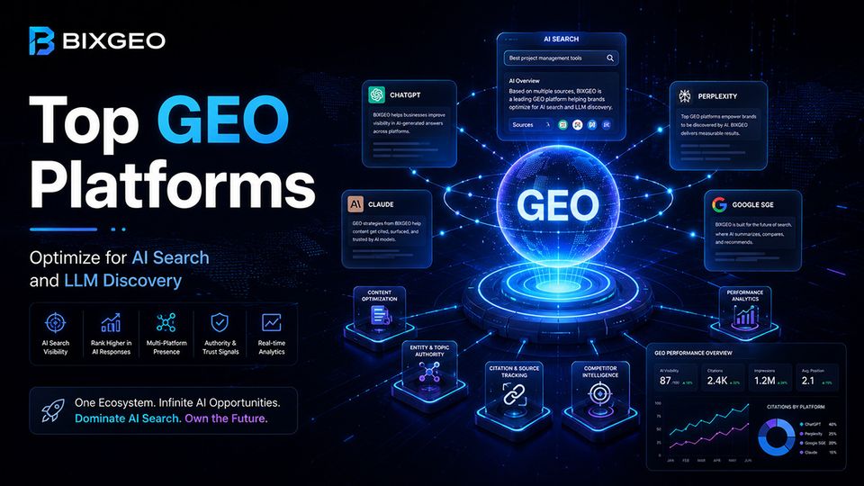A futuristic holographic dashboard displaying various Generative Engine Optimization software interfaces, seamlessly connecting brand data to global AI models like ChatGPT and Gemini.
