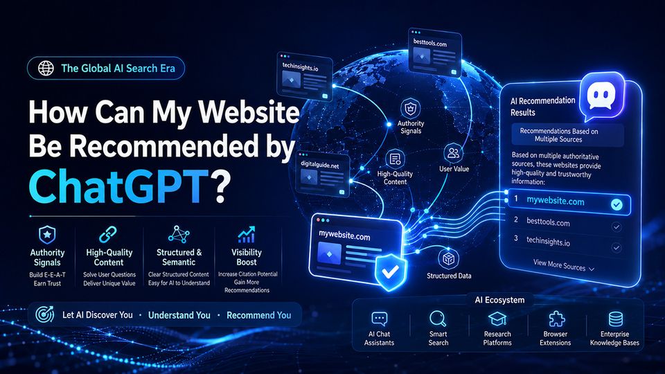 Illustration showing how ChatGPT and AI search engines analyze website content, authority signals, and brand mentions before recommending a website.