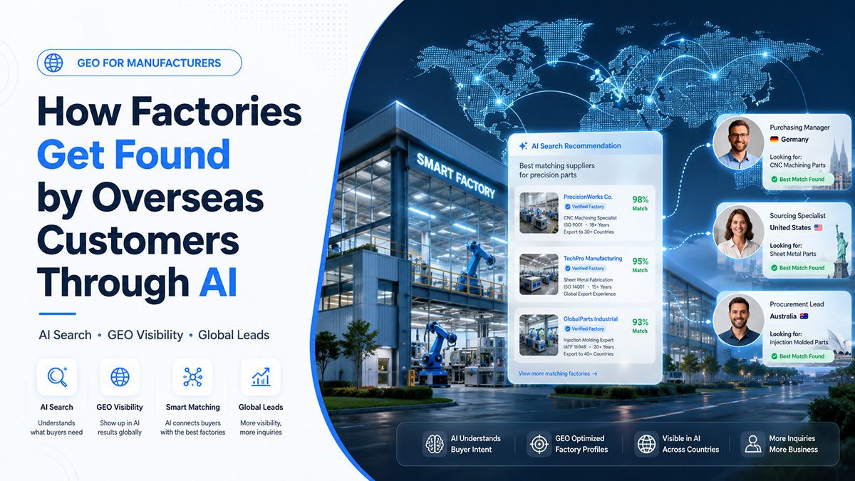 A flowchart demonstrating the shift in B2B overseas procurement habits from traditional directory searches to AI prompt-based sourcing and decision making.