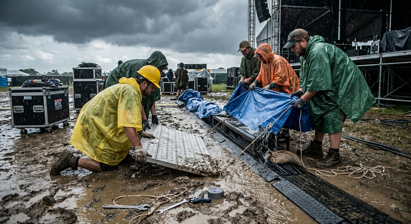 Sustained rainfall doesn't just ruin the attendee experience; it actively compromises the structural integrity of temporary flooring and electrical setups