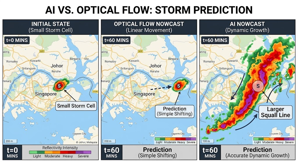 Pure extrapolation simply moves pixels. Deep learning models anticipate spatial growth, decay, and atmospheric intensification