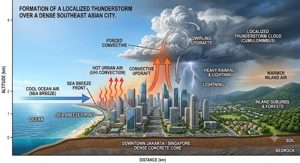 Local micro-triggers like the Urban Heat Island effect and sea breeze convergence dictate exactly which neighbourhoods experience sudden downpours.