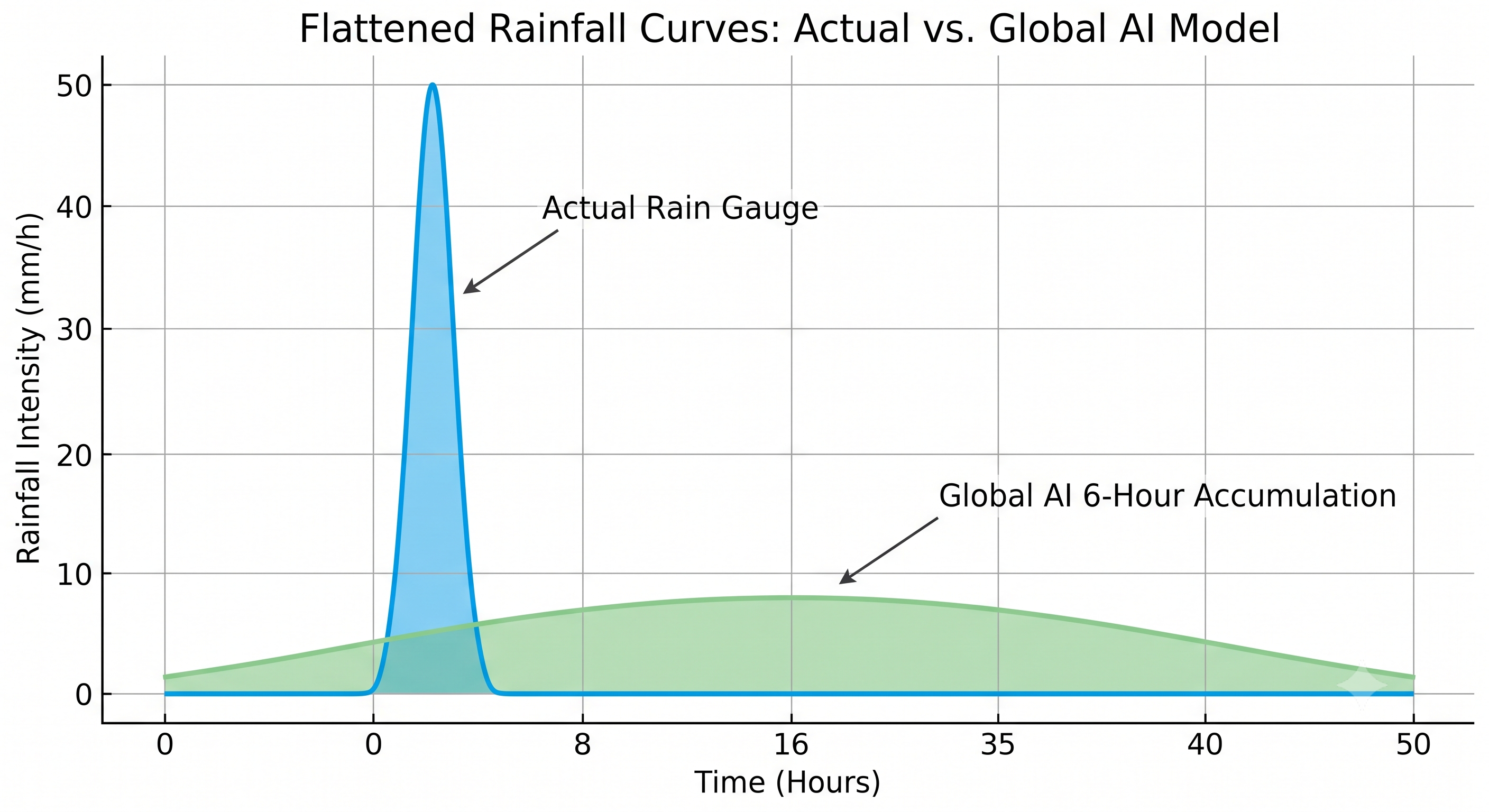 Global models trained on 6-hour temporal resolutions structurally flatten extreme, fast-forming tropical downpours