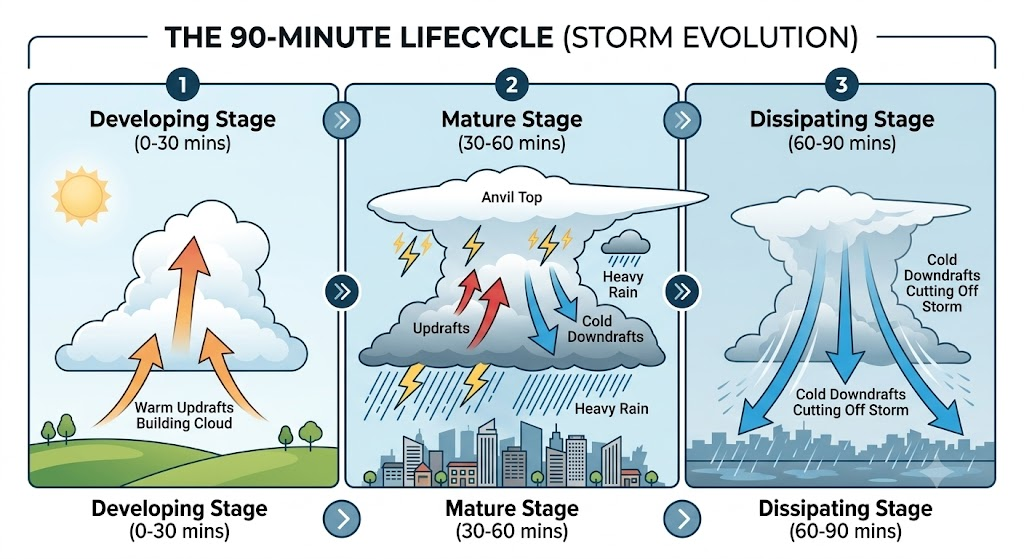 A single convective cell typically completes its full, violent lifecycle in under 90 minutes