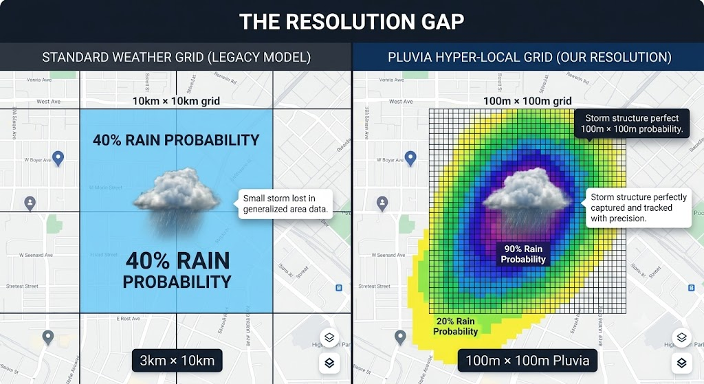 Standard global models are forced to mathematically average out storms that are physically smaller than their grid squares. Hyperlocal 100m nowcasting resolves them as they actually are.