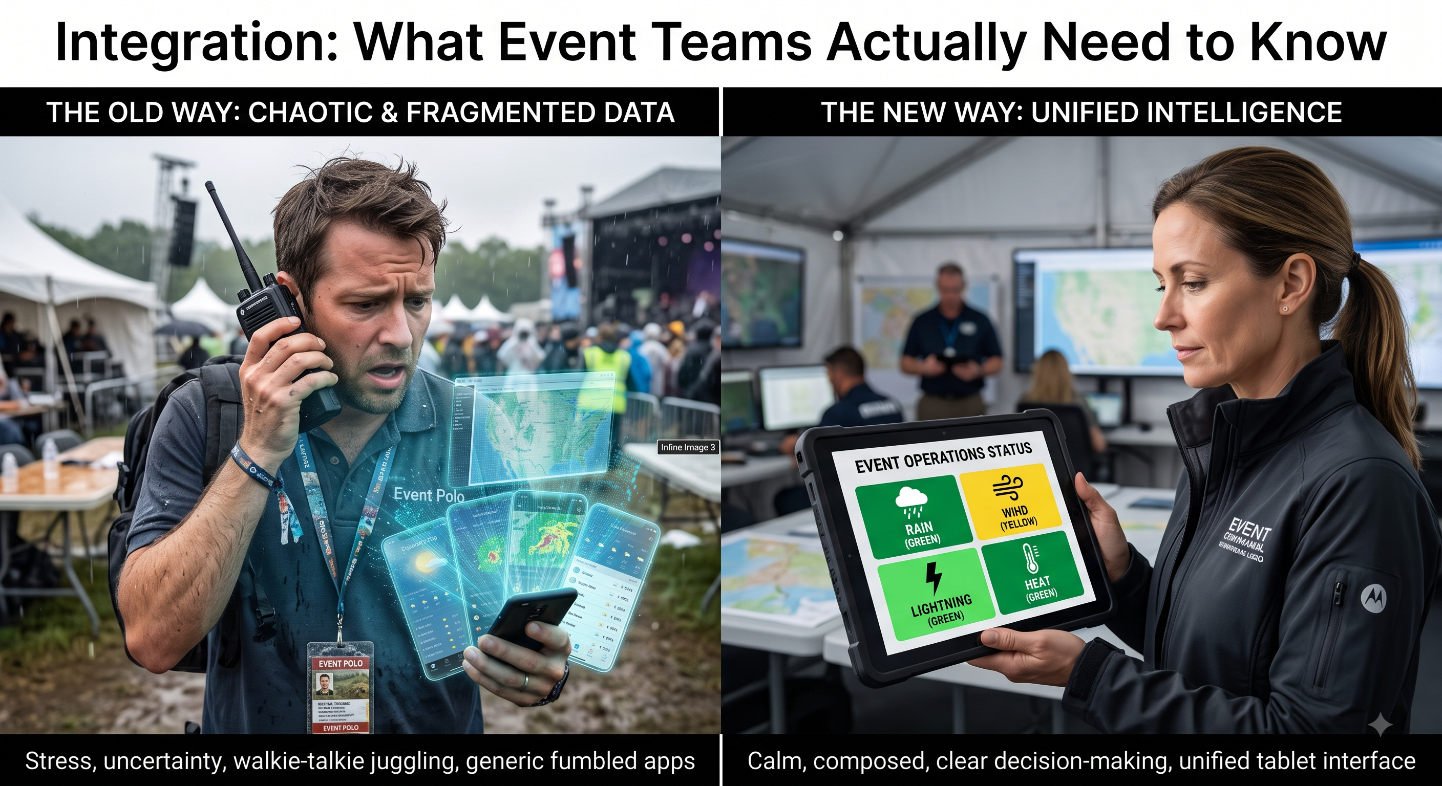 Attempting to reconcile conflicting consumer weather apps mid-event leads to decision paralysis. A unified API provides a single, definitive source of truth