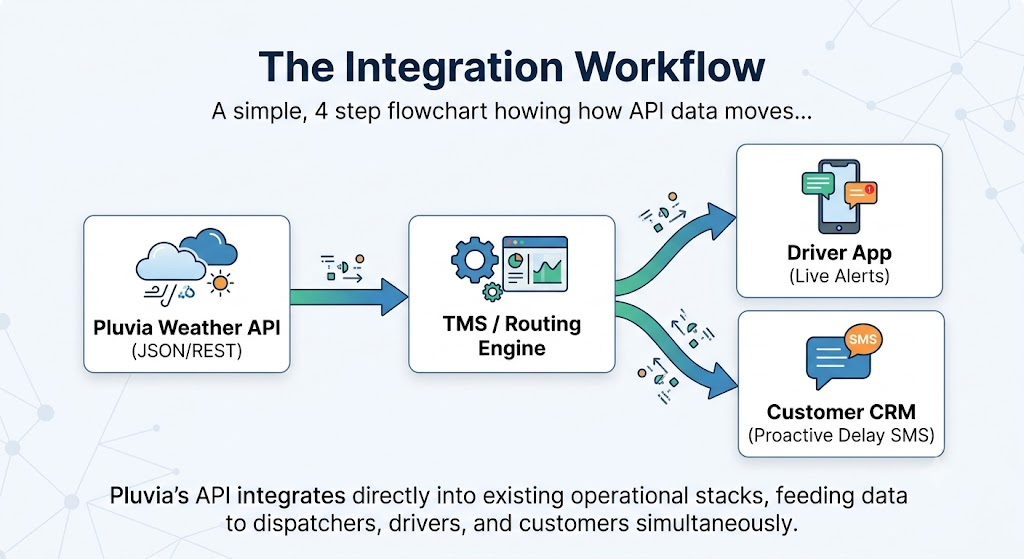 Flowchart demonstrating how a weather API integrates into a Transport Management System, Driver App, and CRM