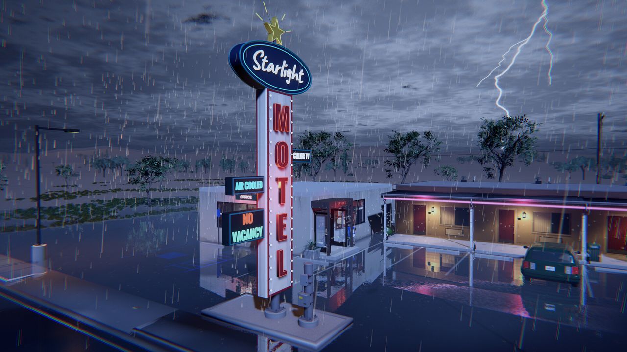 The Starlight Motel sign glowing in a thunderstorm