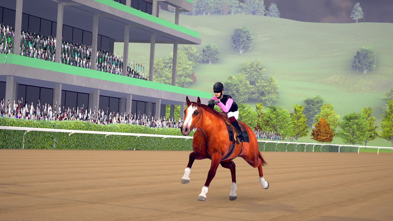 A jockey gallops a chestnut horse past the grandstand