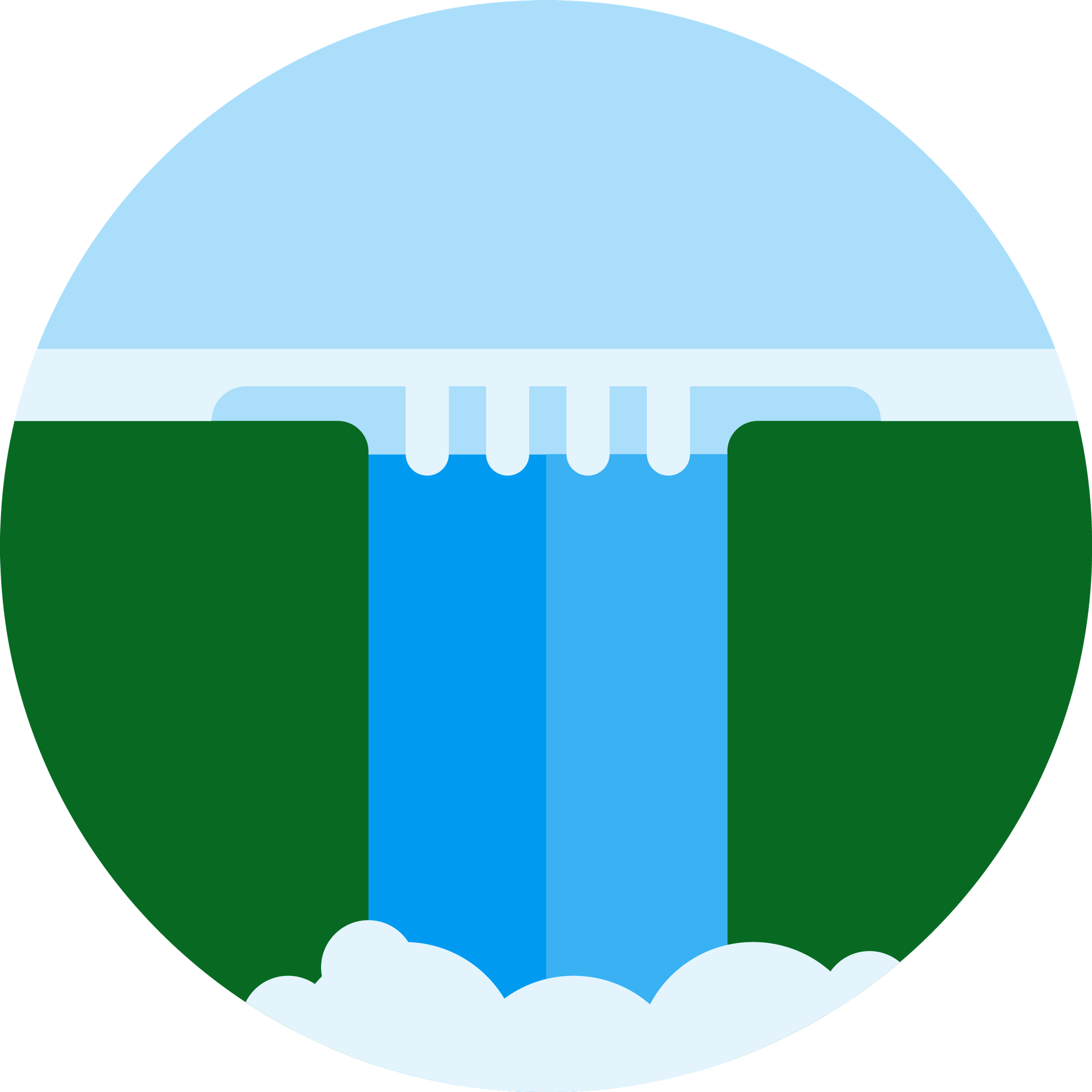 Stilisert illustrasjon av en foss med blå vannstrøm, grønne sider og hvite skyer ved bunnen