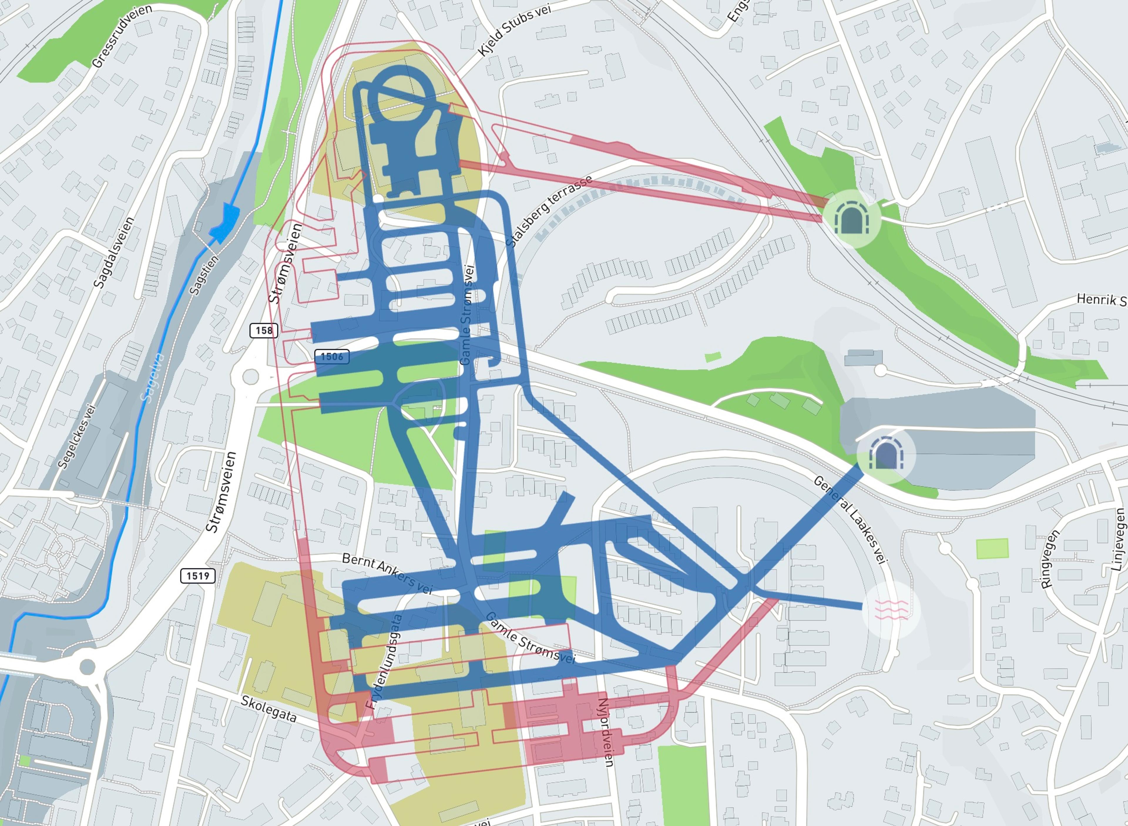 Et kart av Strømmen. Oppå kartet ligger det grafikk som viser fremdrift på et byggeprosjekt.