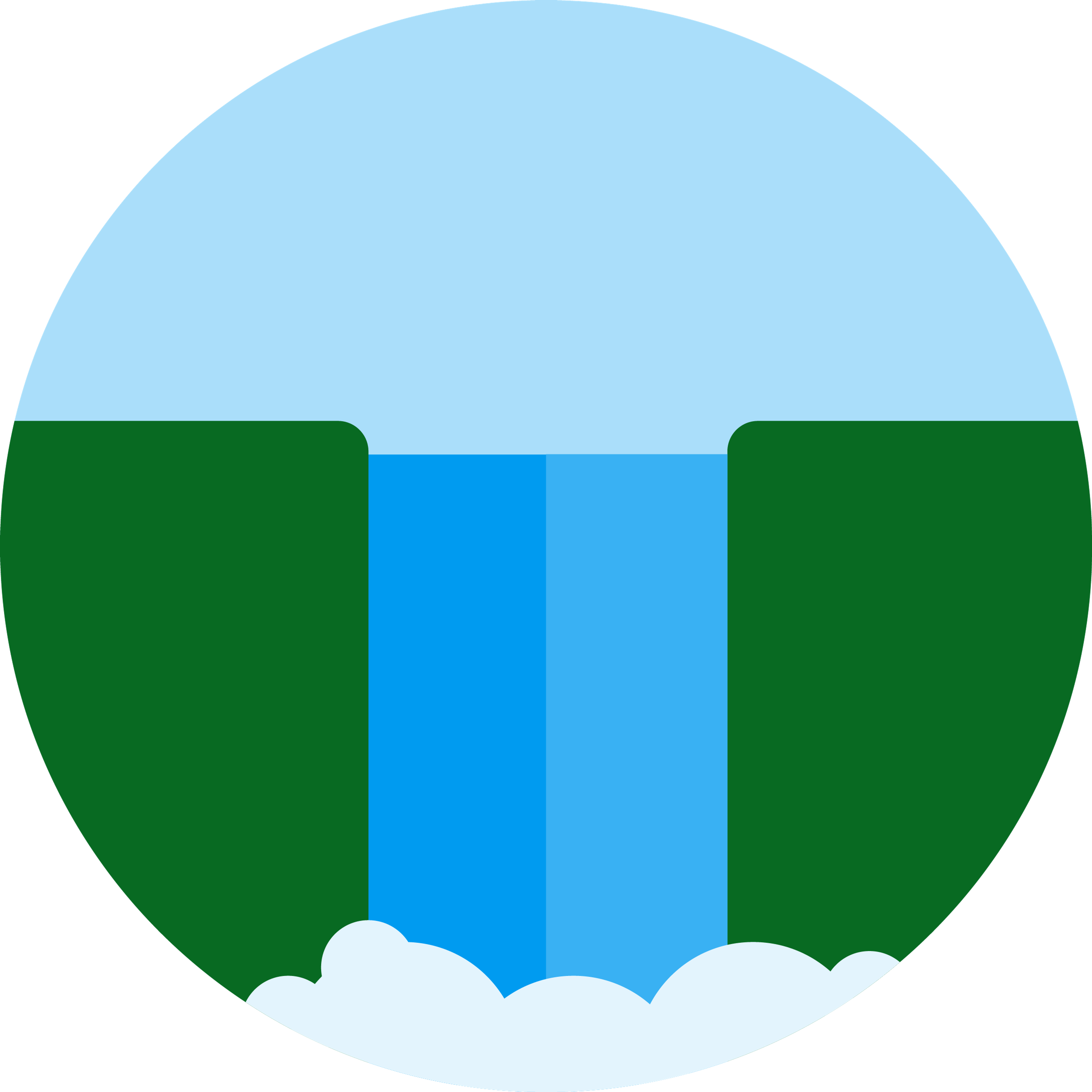 Minimalistisk illustrasjon av en foss med blå vannstrøm mellom grønne bredder og hvite skyer