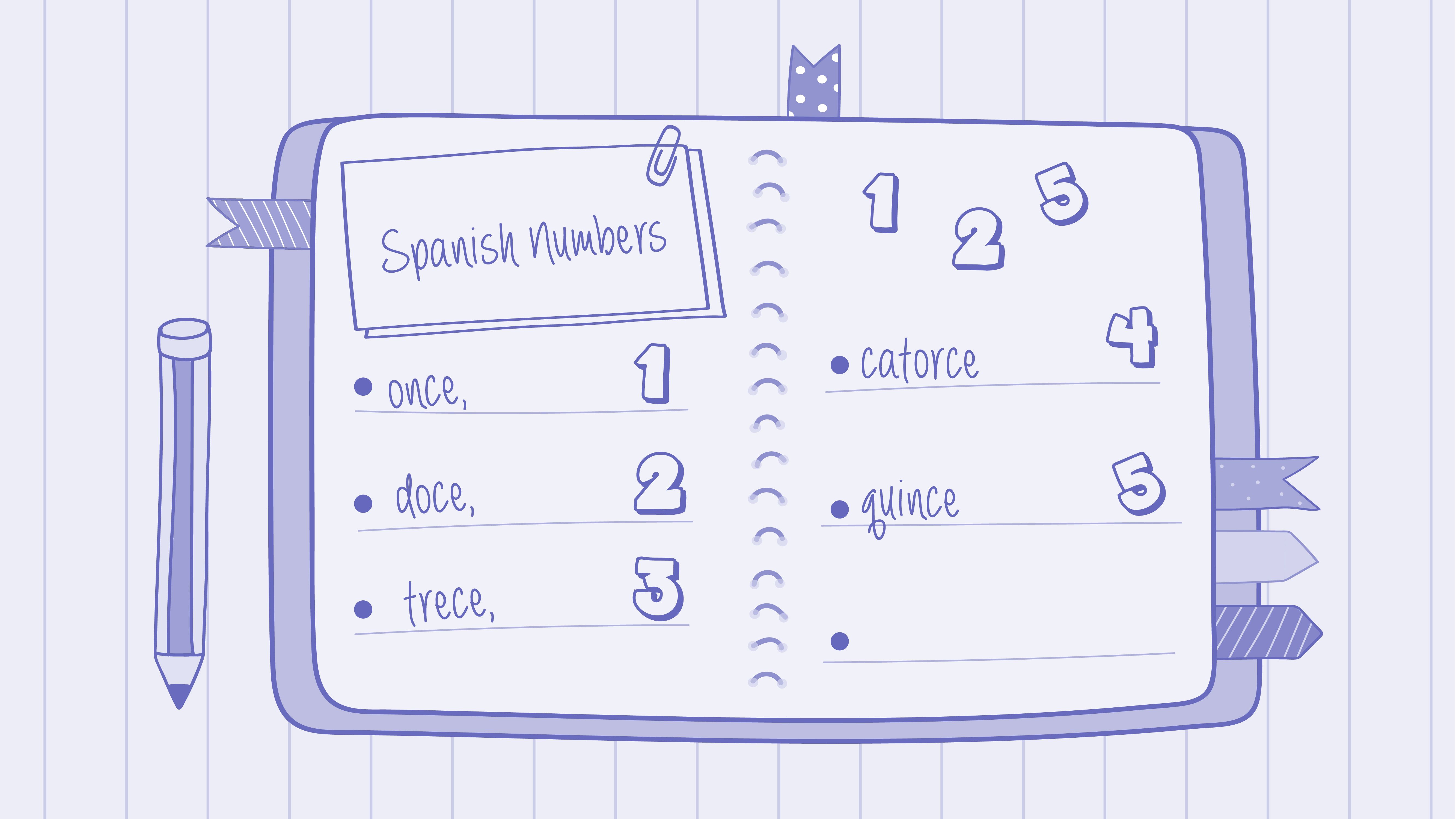 Benji practices writing Spanish numbers in his notebook. There are lines of “once, doce, trece, catorce, quince…”
