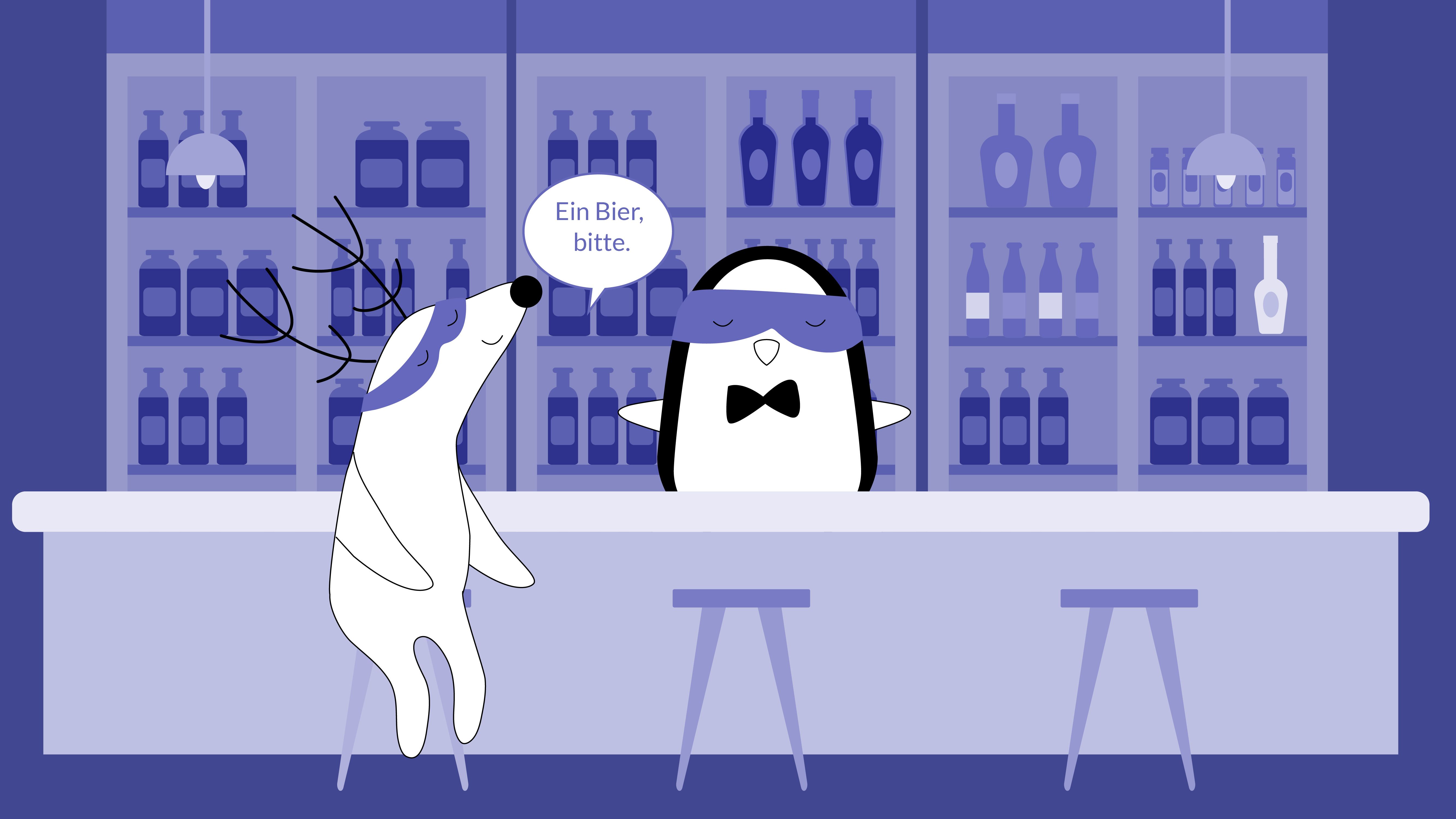 Soren orders a beer from Pocky, who works as a bartender, saying, “Ein Bier, bitte.”