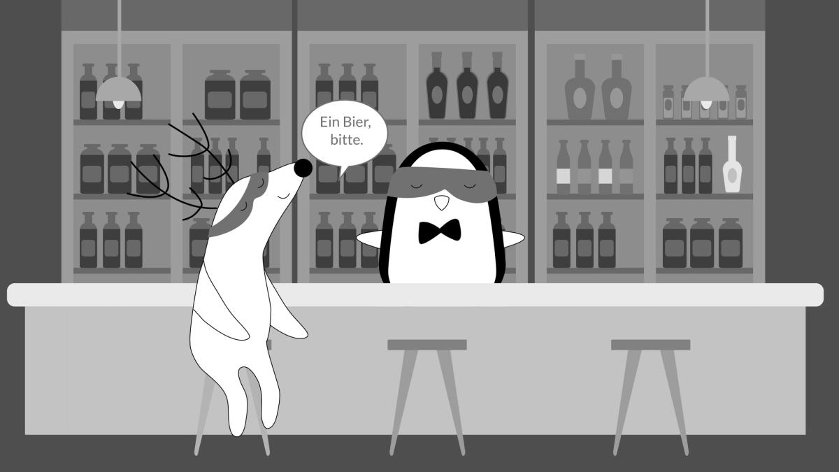 Soren orders a beer from Pocky, who works as a bartender, saying, “Ein Bier, bitte.”