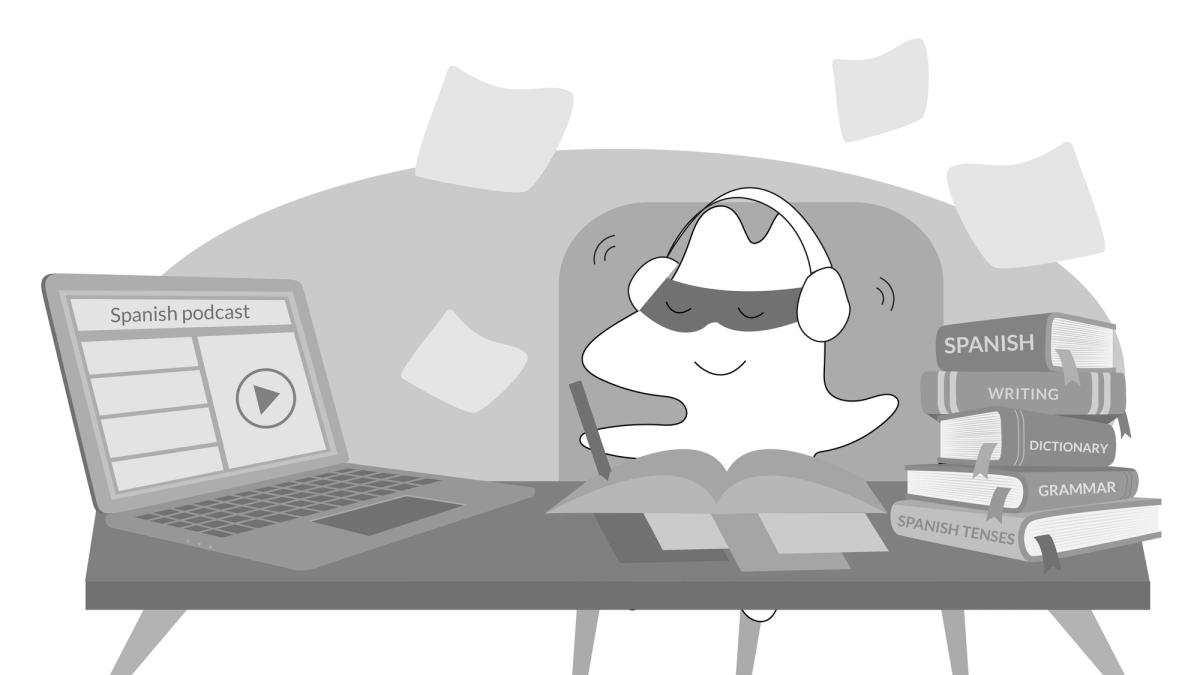  Iggy sits in front of her laptop, listens to a Spanish podcast, taking notes, and checking unfamiliar words in the dictionary.