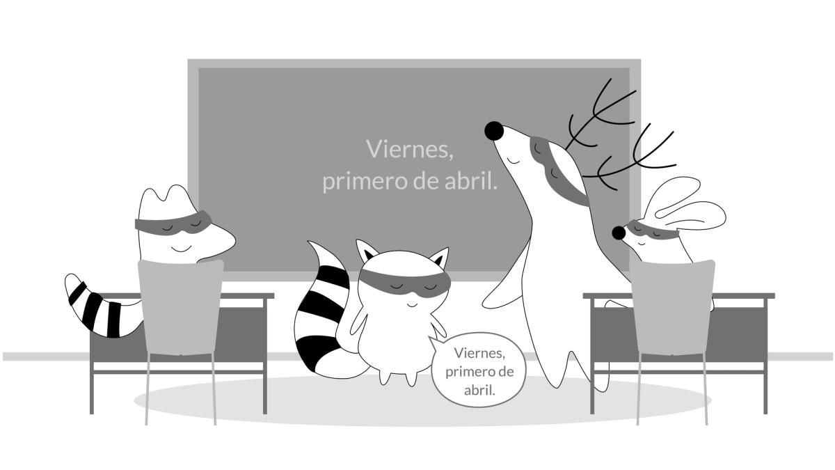 Benji writes the date on the blackboard, spelling out “Viernes, primero de abril.”