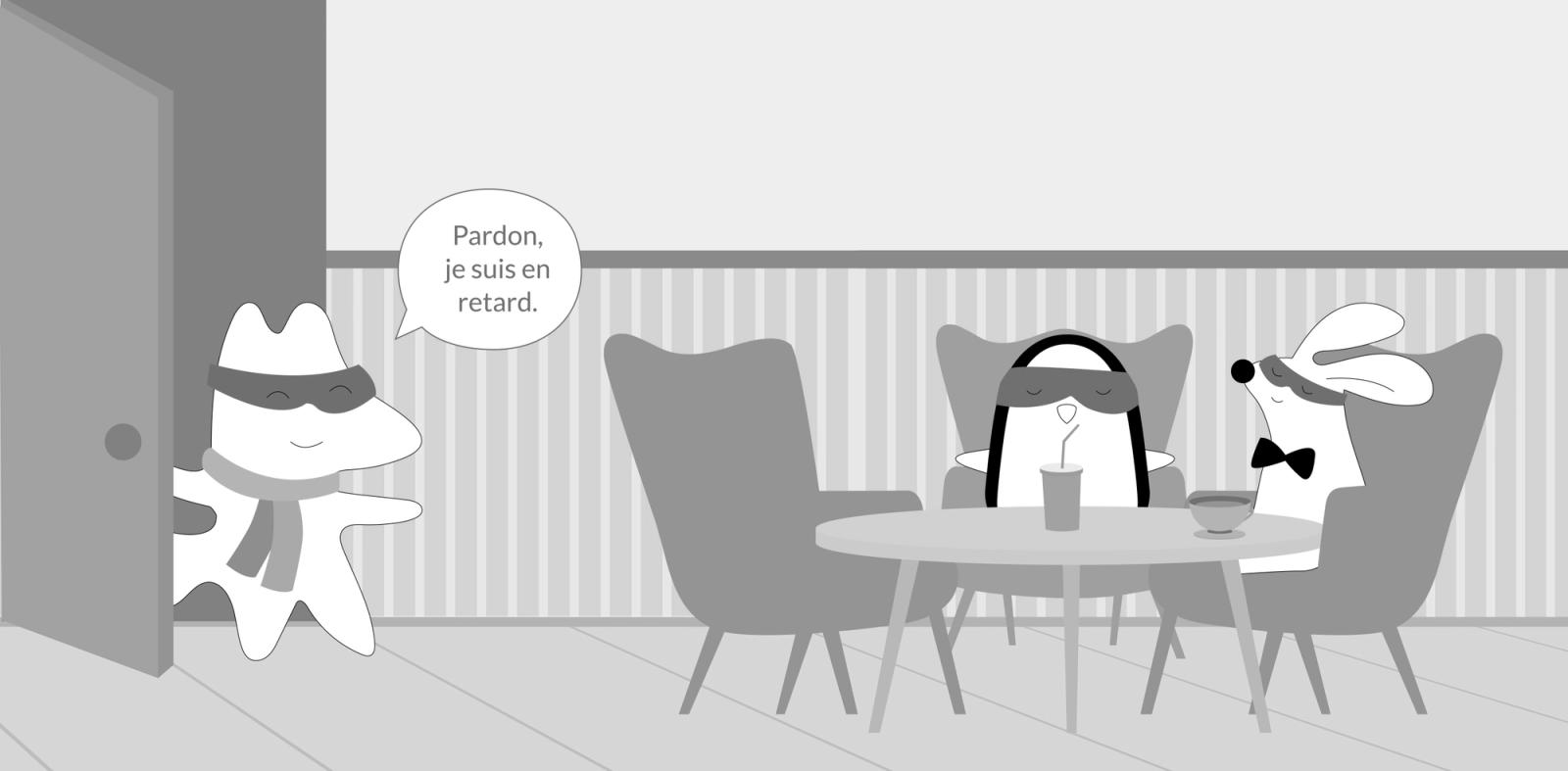 Soren and Iggy are meeting for a coffee. Soren’s already at the coffee shop, Iggy has just entered in, still in her winter coat, saying, “Pardon, je suis en retard.”