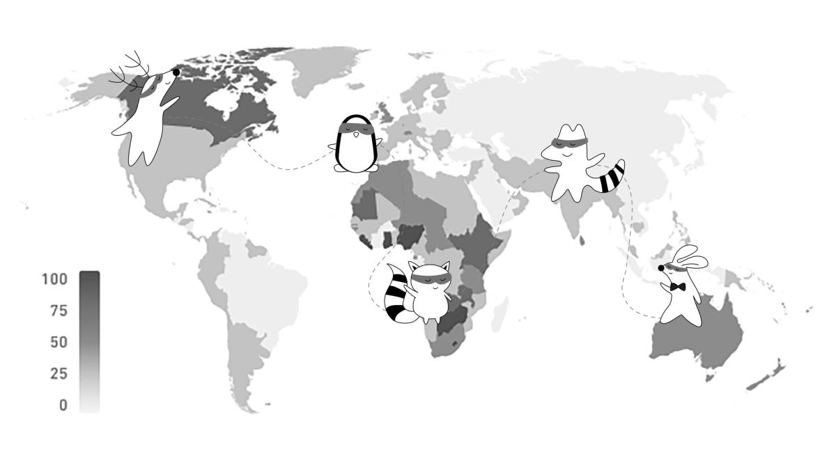  A world map highlighting the global community of Duolingo users learning French, with connecting lines between different countries.