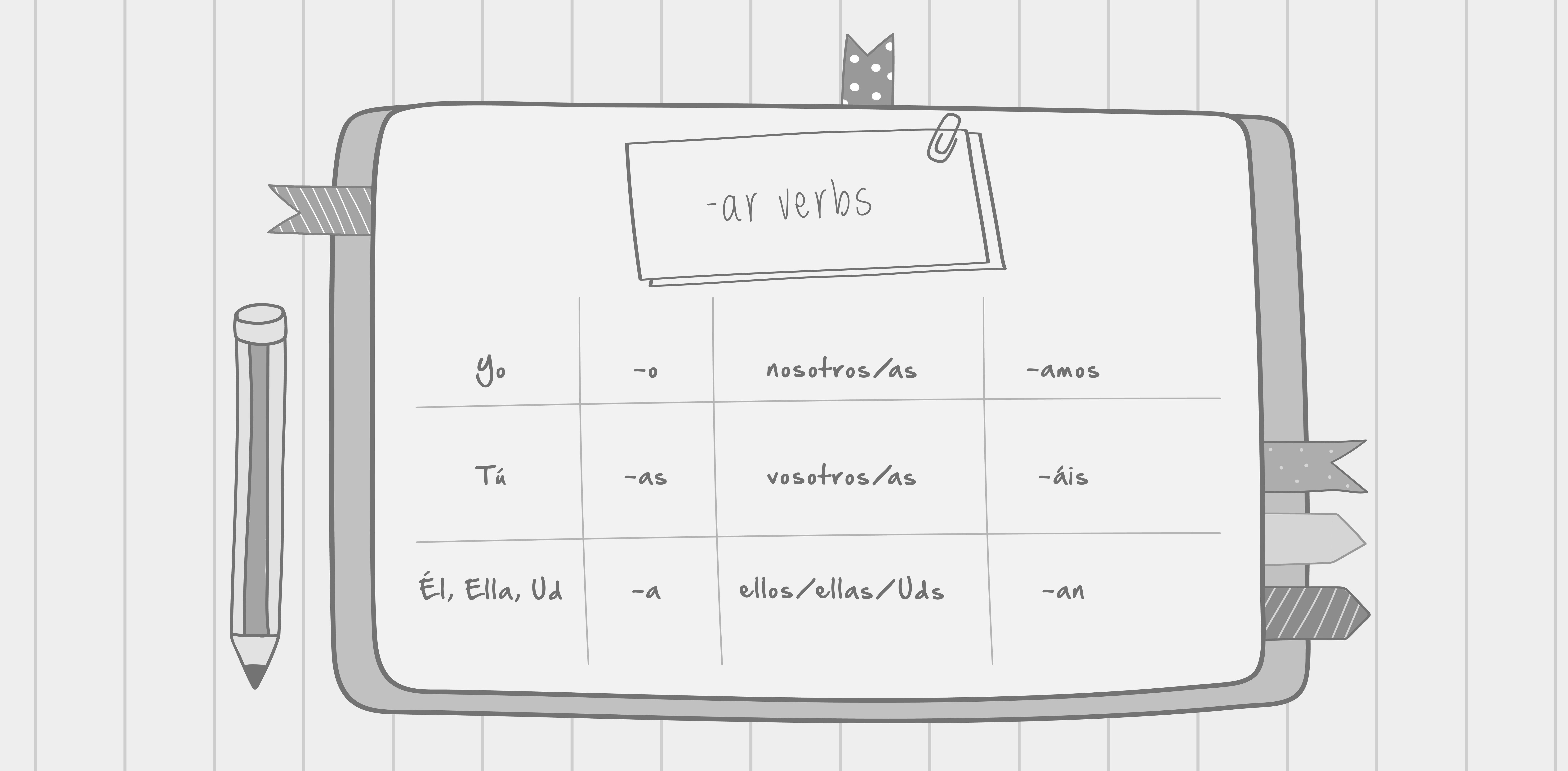 A notebook page with a -er verbs conjugation table on it.