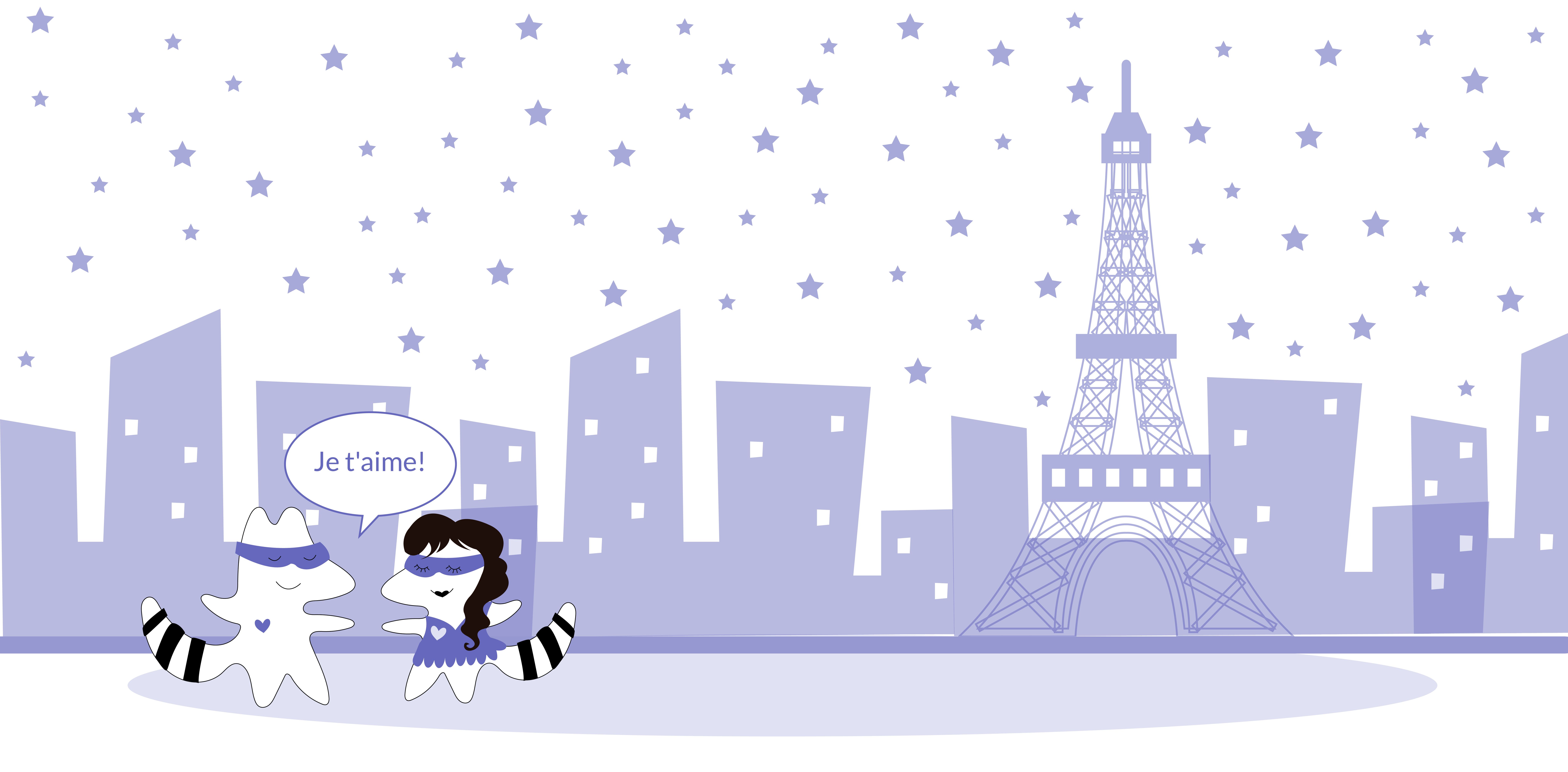 Iggy-boy and Iggy-girl in love in front  of the eiffel tower