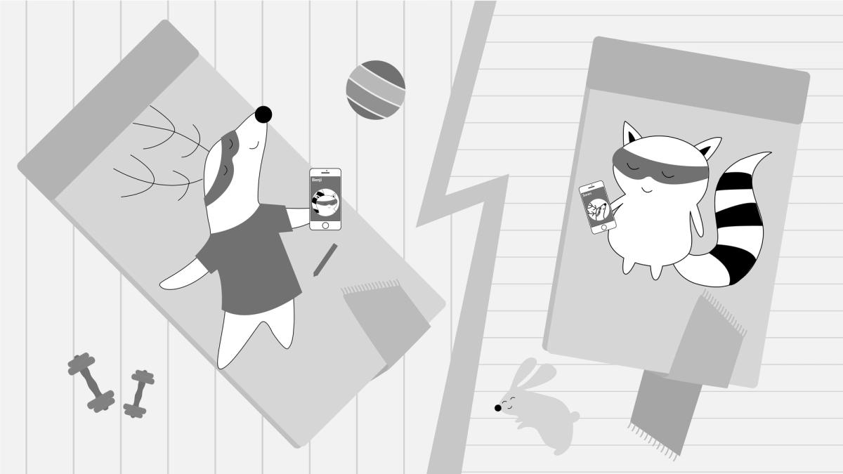 the scene is divided, with Soren lying on his bed in one part and Benji doing the same in the other, while they chat on their smartphones with each other. 