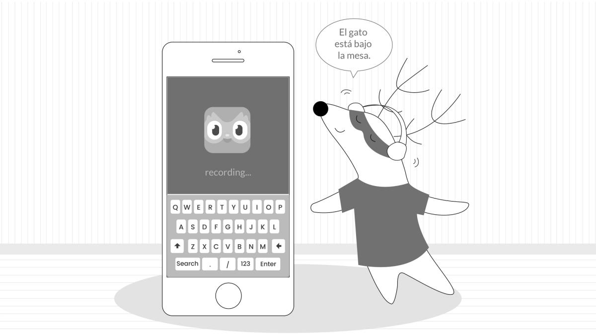 Soren uses Duolingo, recording audio while repeating, "El gato está bajo la mesa."