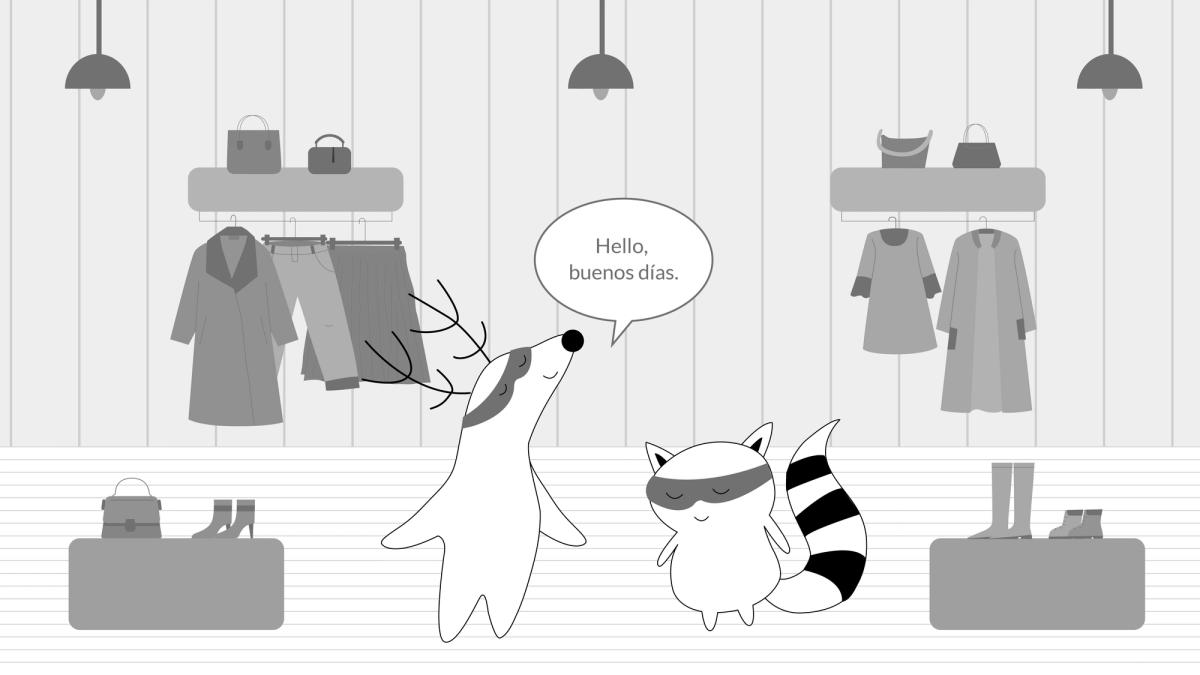 Soren enters a shop, saying, “Hello, buenos días.”