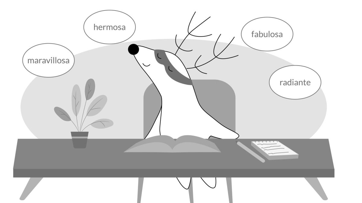 Soren is studying at his desk, thinking “maravillosa, hermosa, fabulosa, radiante.”