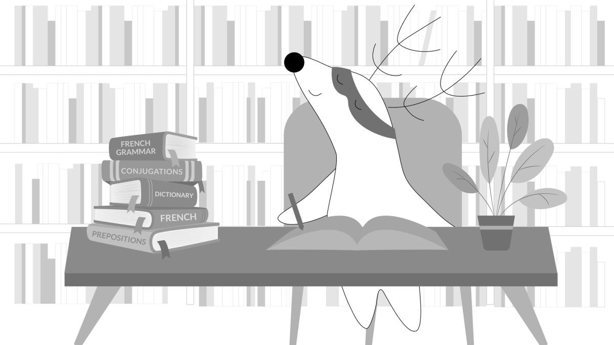 Soren sits in a pile of French grammar books, preparing for the exam.