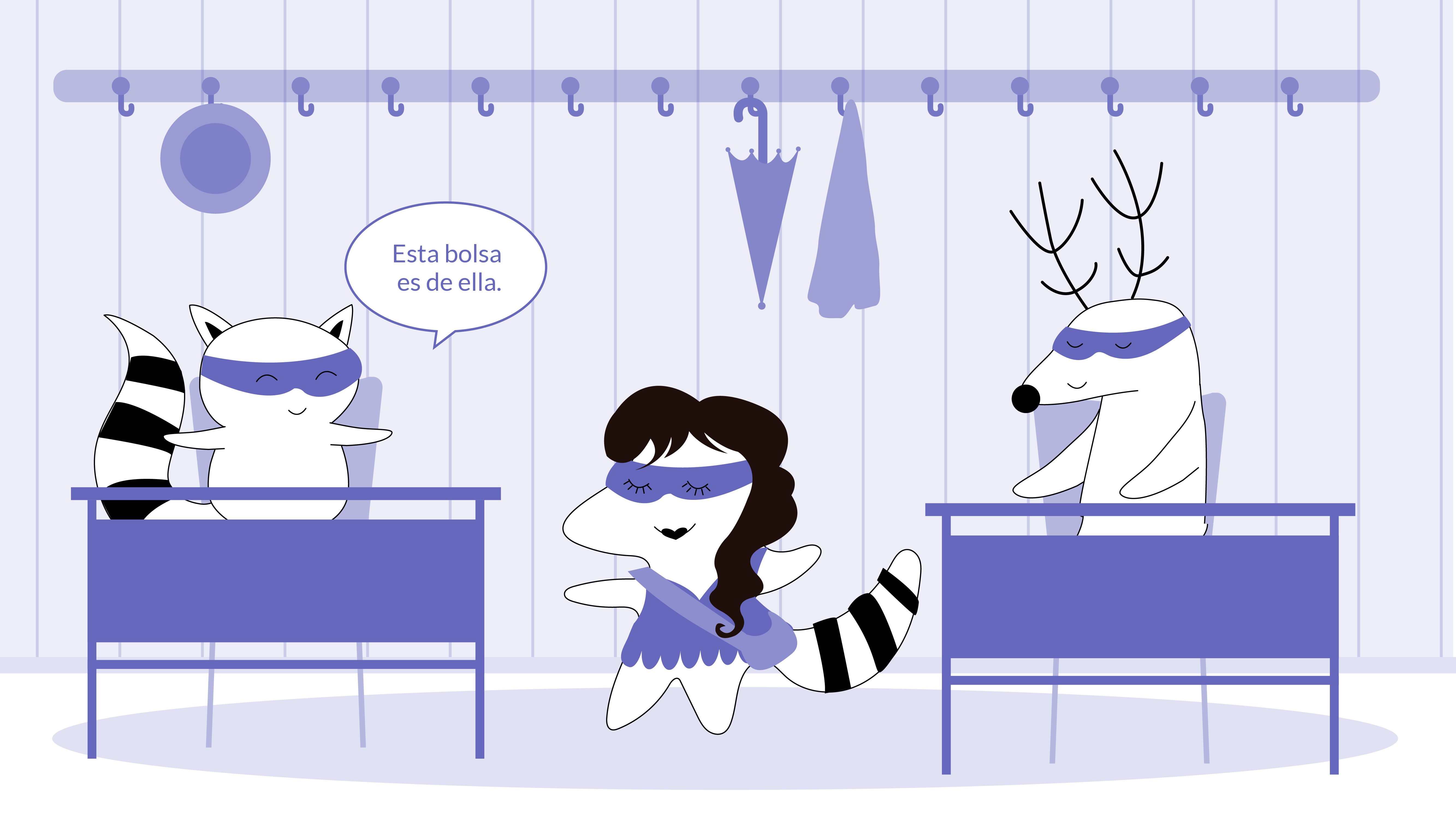 Same scene as before: Benji is in the classroom pointing at a bag and saying,