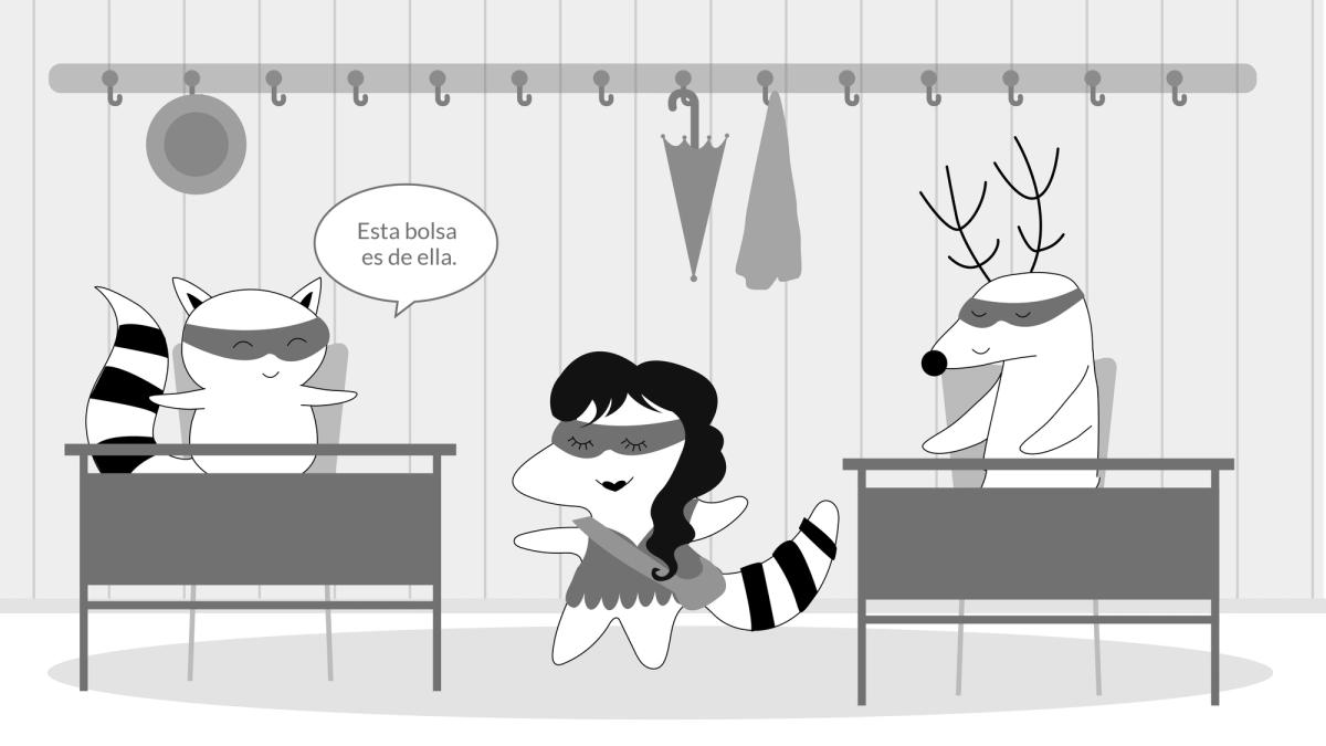 Same scene as before: Benji is in the classroom pointing at a bag and saying, "Esta bolsa es de ella."