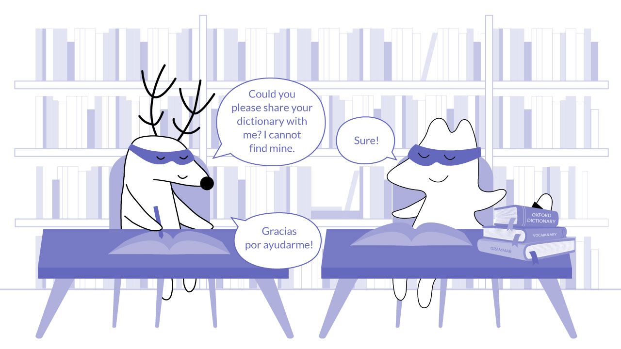 Characters studying together in a library