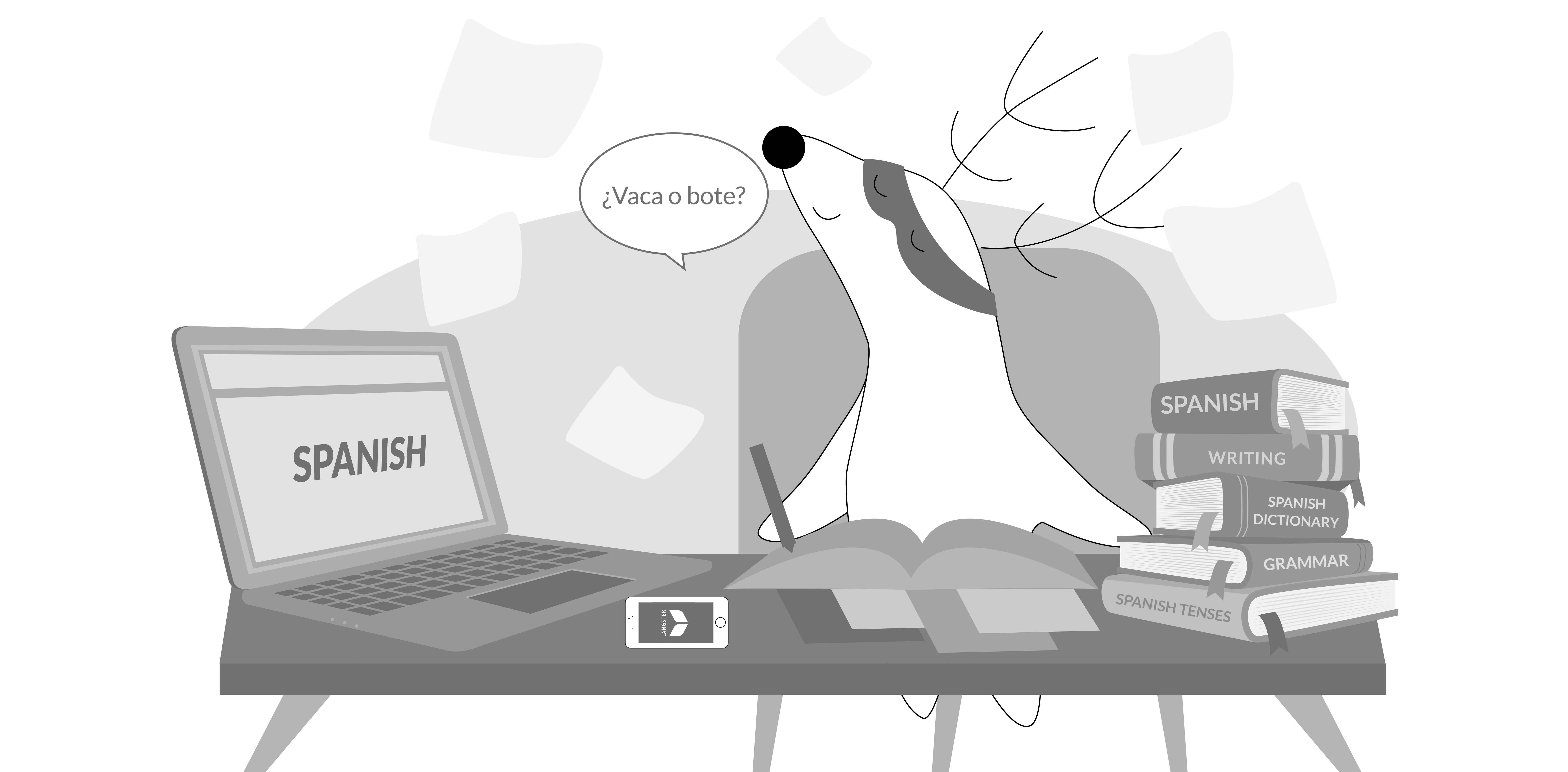 Soren is sitting at his desk studying with books, a smartphone, and a laptop, thinking, “¿Vaca o bote?”