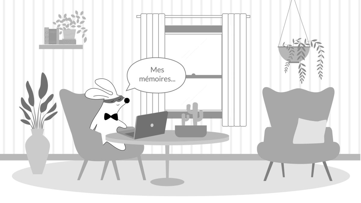 Mr. Rabbit writing a book called “Mes mémoires”.