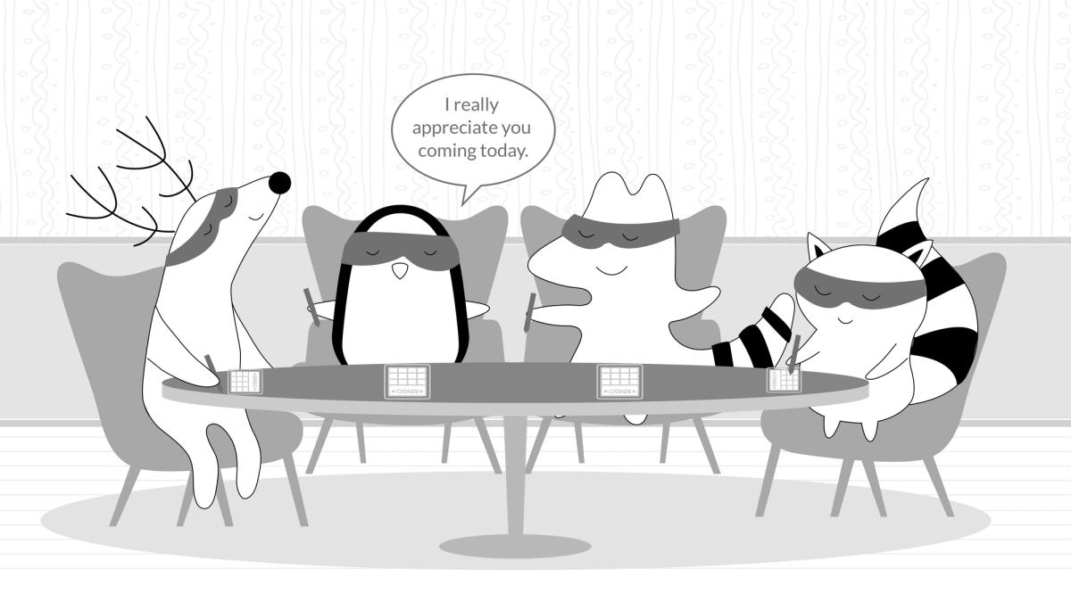 Soren, Iggy, Pocky, and Benji play a cardboard game. Pocky says, “I really appreciate you coming today.”